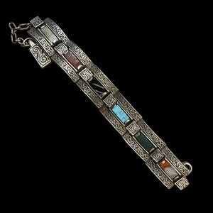 Vintage 1960s Sold’or Link Bracelet – Silver Plate w/ Gemstone Inlay